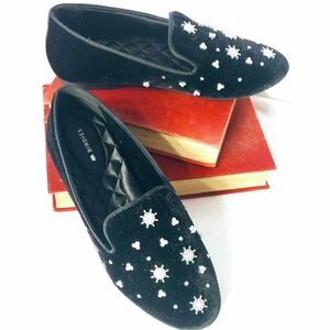 Birdies Women's Starling Black Velvet Embellished Sparkle Loafers 7.5